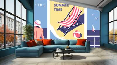 Summer time. Concept of summer party, vacation and travel. Perfect background on the theme of season vacation, weekend, beach. Vector illustration in minimalistic style for posters, cover art, flyer. Wall mural