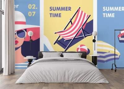 Summer time. Concept of summer party and travel. Perfect background on the theme of season vacation, weekend, beach. Vector illustration in minimalistic style for posters, cover art, flyer, banner. Wall mural