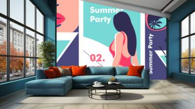 Summer time. Concept of summer party and travel. Perfect background on the theme of season vacation, weekend, beach. Vector illustration in minimalistic style for posters, cover art, flyer, banner. Wall mural