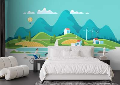 summer vacation. family are riding on bicycles on the natural landscape background. vector illustrat Wall mural