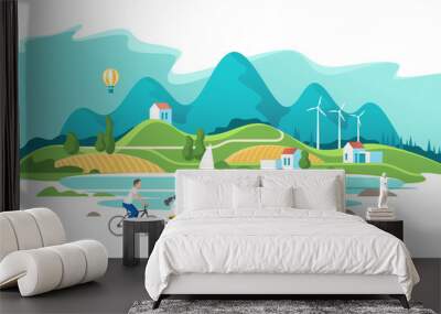 Summer vacation. Family are riding on bicycles on the natural landscape background. Vector illustration. Wall mural