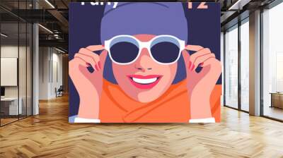 Winter time. Concept of vacation, party and travel. Stylized smiling face of beautiful woman with scarf, winter hat and sunglasses. Vector illustration for mobile and web graphics. Wall mural