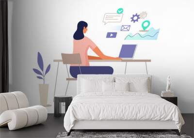 Woman works at the computer. Vector illustration. Wall mural