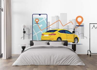 Yellow car, smartphone with route and points location on a city map on the urban landscape background. Car and satellite navigation systems concept vector illustration. Wall mural