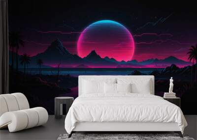 80s retro futuristic sci-fi background. Retrowave VJ videogame landscape with neon lights and low poly terrain grid. Stylized vintage cyberpunk vaporwave 3D render with mountains, sun and stars. 4K	 Wall mural