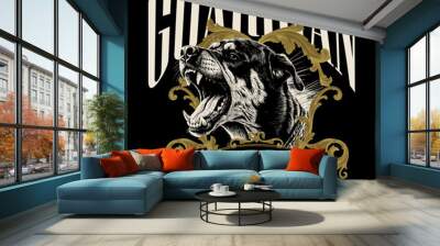 Art design of urban aggressive dog, 'guardian protection' message, black and gray, rottweiler dog illustration, Victorian frame. Capture the essence of the urban print Wall mural