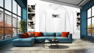 Art design of urban fusion, white hoodie and template, urban eye illustration, victorian illustration Cursive font, gang art, grounge style Wall mural