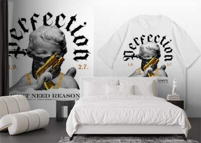 Art design of urban fusion, white t shirt and template, urban design that blends contrasting elements in 8-bit, baby angel sculpture with a bandana and gold chain. text Gothic font, gang art Wall mural