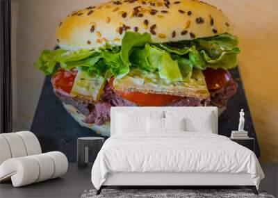 beef burger, cheese, tomatoes, salad Wall mural