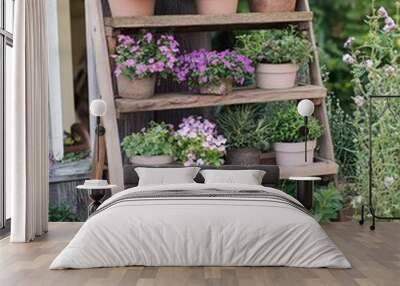 flowers in pots outside in a wooden stand Wall mural