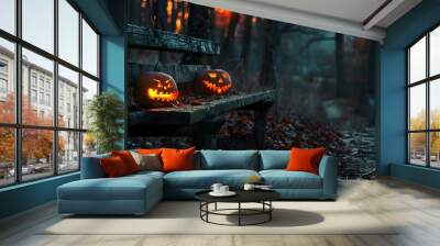 halloween pumpkins in the forest at night.halloween background with evil pumpkin. spooky scary dark  Wall mural