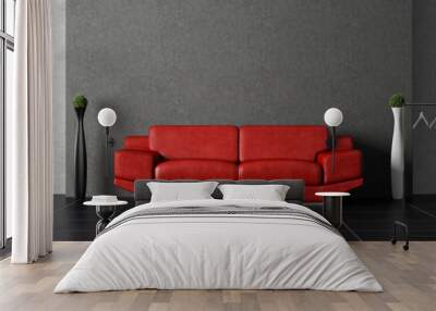 red couch in front of concrete wall with 2 plants Wall mural