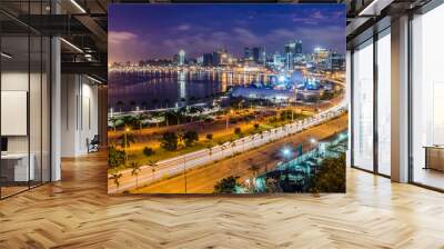 Skyline of capital city Luanda, Luanda bay and seaside promenade with highway during afternoon, Angola, Africa Wall mural