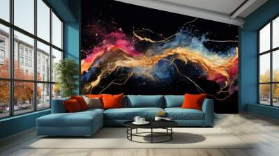 Abstract Colorful Splattering Lines on Black Background, Watercolor Wall mural