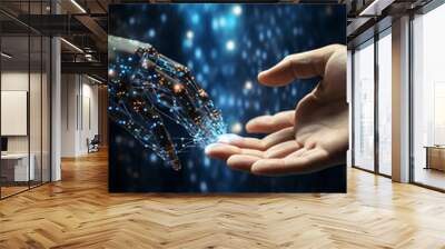 AI, Machine learning, Hands of robot and human touching on big data network connection background, Science and artificial intelligence technology, innovation and futuristic Wall mural