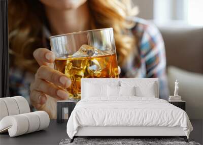 alcoholism, alcohol addiction and people concept - drunk woman or female alcoholic drinking whiskey at home
 Wall mural