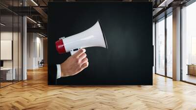 Close up of businessmans hand holding megaphone over dark background Wall mural