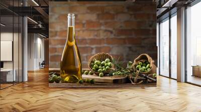 Olives and olive oil in a bottles Wall mural