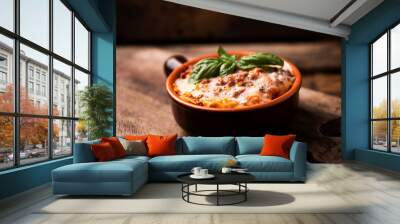 Traditional lasagne in a casserole dish on wooden table Wall mural