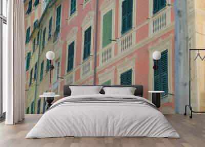 Gli edifici che compongono la cosiddetta Palazzata di Camogli, in Liguria. Wall mural