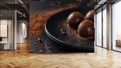 Chocolates on a dark plate in a black background, concept of sweet dessert food macro photography Wall mural