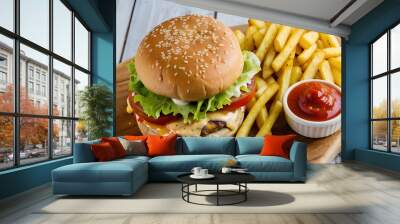 Fast food Hamburger and fried chips with ketchup Wall mural