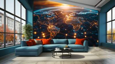 Global business network concept with a world map and connecting lines Wall mural