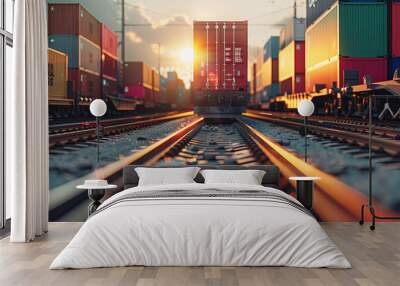 Global business of Container Cargo freight train for Business logistics concept, Air cargo trucking, Rail transportation and maritime shipping
 Wall mural