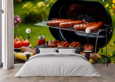 Hamburgers and sausages cooking on barbecue in garden Wall mural