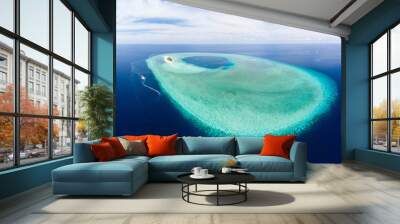 Aerial: tropical atoll view from above, blue lagoon turquoise water coral reef, Wakatobi Marine National Park, Indonesia - concept travel destination Maldives Polinesia Wall mural