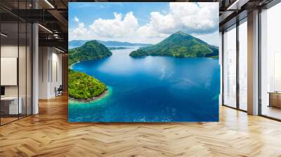 Aerial view Banda Islands Moluccas archipelago Indonesia, Pulau Gunung Api, lava flows, coral reef white sand beach. Top travel tourist destination, best diving snorkeling. Wall mural