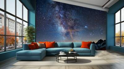 The Milky Way arch starry sky on the Alps, Massif des Ecrins, Briancon Serre Chevalier ski resort, France. Panoramic view high mountain range and glaciers, astro photography, stargazing Wall mural