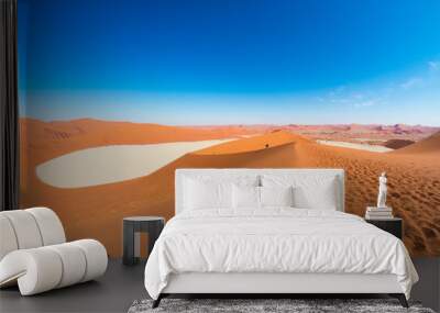 The scenic Sossusvlei and Deadvlei, clay and salt pan surrounded by majestic sand dunes. Namib Naukluft National Park, main visitor attraction and travel destination in Namibia. Wall mural