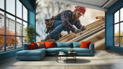 male roofer carpenter working on roof structure on construction site
 Wall mural