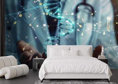 Medicine doctor holding blue helix DNA structure on hologram modern virtual screen interface and diagnose healthcare on digital network Wall mural