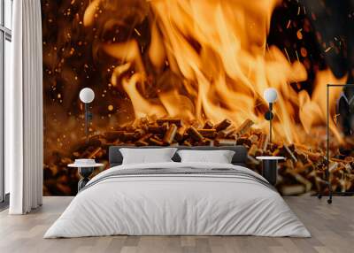 Pellets in flames- oak biomass, close up Wall mural