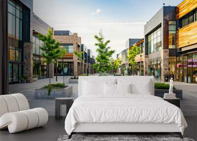 Photo of the mall shopping street in North America. Exterior of a new shopping centre building. Mall complex outdoor
 Wall mural