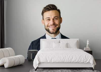 Portrait of handsome caucasian man in formal suit looking at camera smiling with toothy smile isolated in white background. Confident businessman ceo boss freelancer manager Wall mural