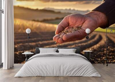 a farmer's hand sows seeds in a plowed field. concept of new technology in agriculture Wall mural