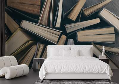 Top view of many books. Culture, reading, library, information and editorial concept. Background. Wall mural