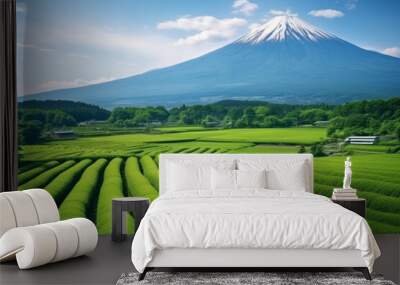 Rows of fresh green tea with Mount Fuji Wall mural