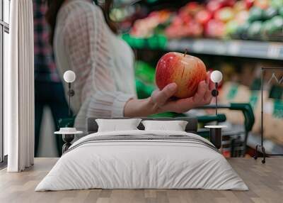 Woman holding apple by shopping cart against man standing at supermarket
 Wall mural