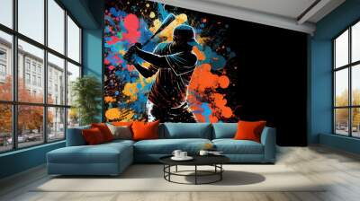 Baseball sport batting action colorful splash horizontal banner on black background copy space. Generative AI illustration Wall mural