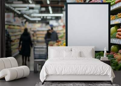 Blank sign is displayed in a grocery store near fresh fruits and vegetables Wall mural