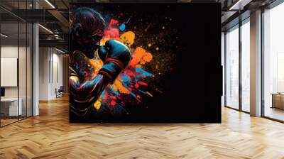 Boxing sport man boxer colorful splash horizontal banner on black background illustration with copy space. Generative AI graphic Wall mural