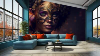 Carnival banner mardi gras beautiful african afroamerican woman with venetian mask copy space. Generative AI Wall mural