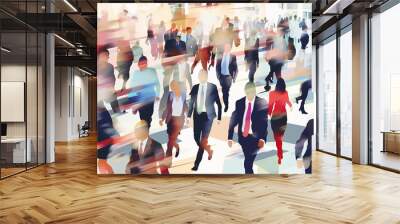 Crowd of business people walking, watercolor illustration drawing. Generative AI Wall mural