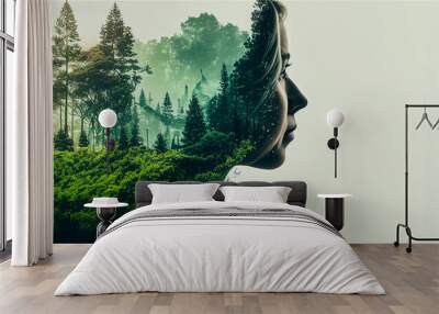 Earth day banner, profile of a woman on green forest landscape with copy space, concept of environment caring life on the planet. Generative AI illustration Wall mural