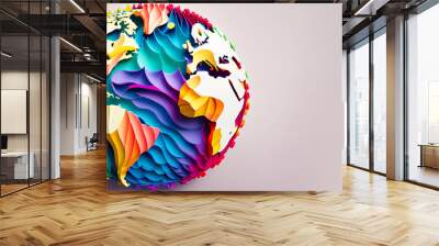 Earth day world map paper art horizontal banner with copy space on pastel pink background. Generative AI illustration Wall mural