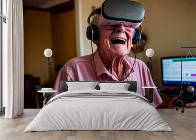 Elderly man wearing virtual reality headset have fun with technology, portrait at home. Generative AI model Wall mural